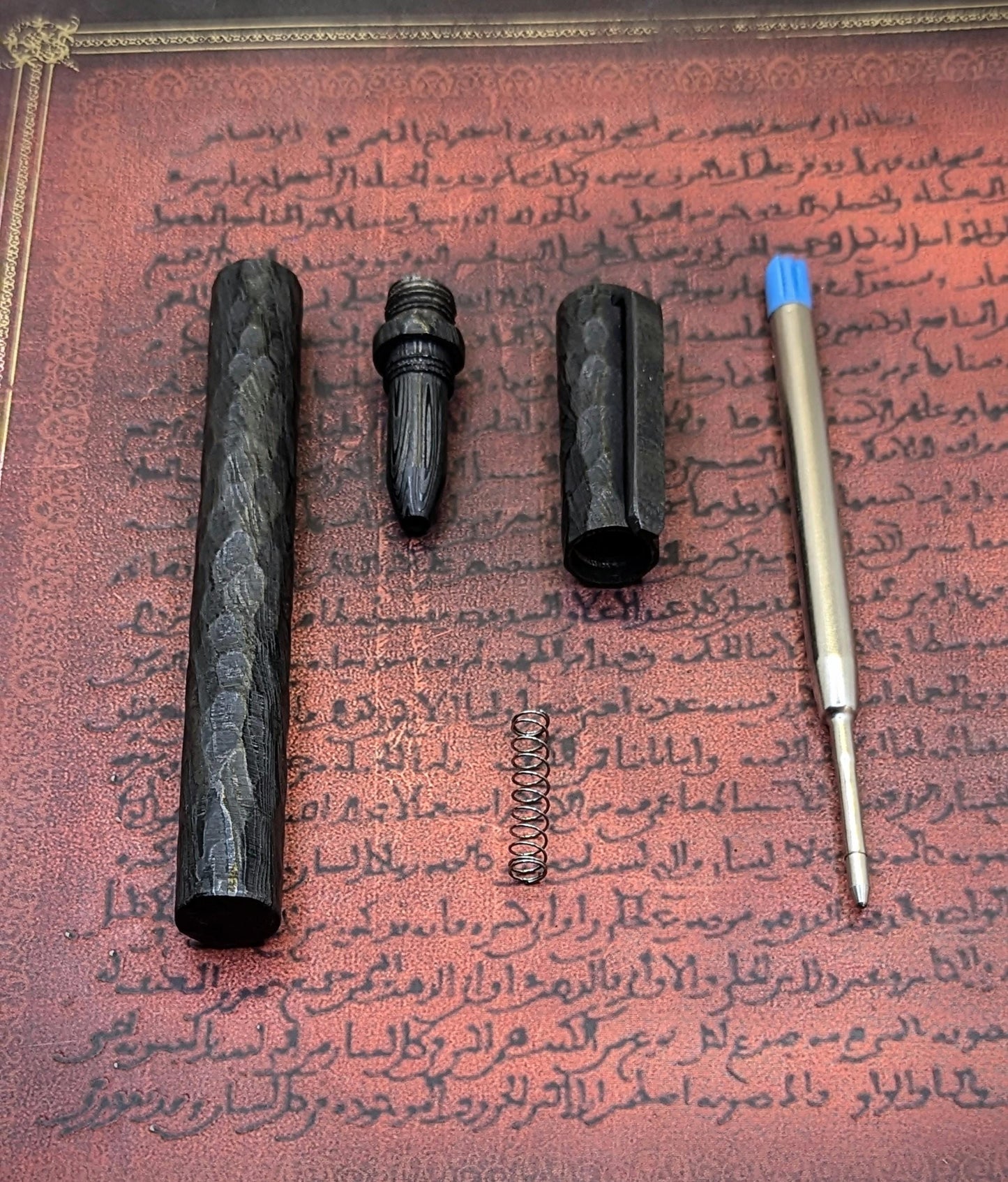 Black Damascus Steel Hammered Finish Ballpoint Pen: Hand-Forged, Plasma Coated, Gift Boxed