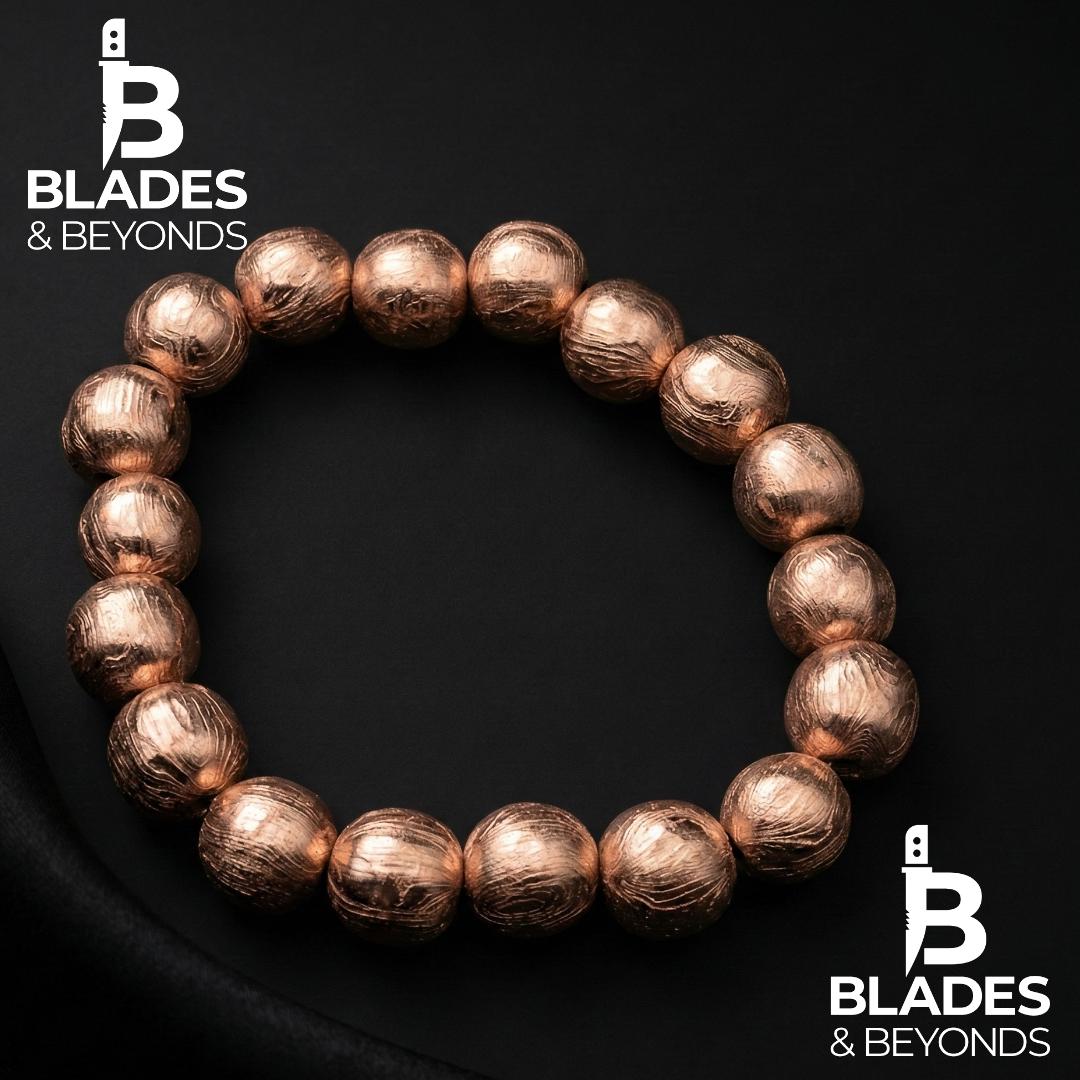 Rose Gold Damascus Steel Bead Bracelet | 12mm Full Metal Beads | Custom Size | Unisex Gothic Jewelry | Handmade Luxury Gift 