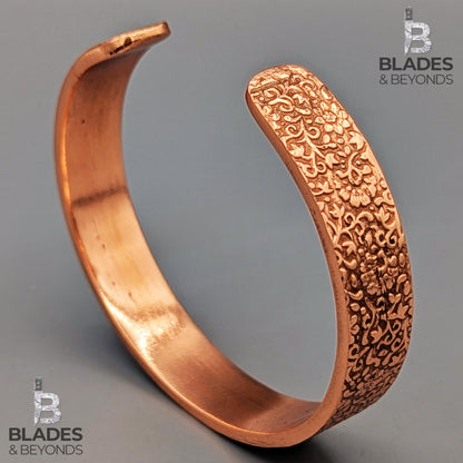 Handmade Floral Embossed Copper Bracelet: Unisex Wellness Cuff 