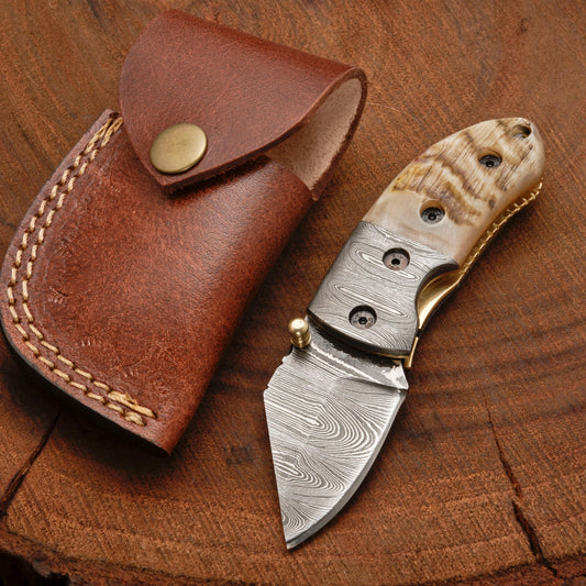 RamVibe Damascus Steel Pocket Knife – Handcrafted Folding Knife with Ram Bone Handle | Compact EDC Tool for Men & Women 