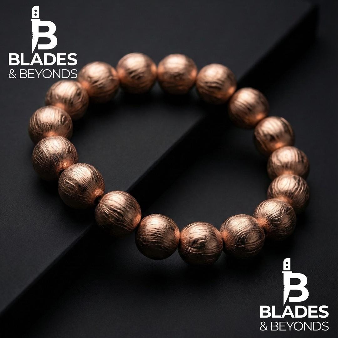Rose Gold Damascus Steel Bead Bracelet | 12mm Full Metal Beads | Custom Size | Unisex Gothic Jewelry | Handmade Luxury Gift 