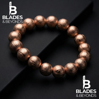 Rose Gold Damascus Steel Bead Bracelet | 12mm Full Metal Beads | Custom Size | Unisex Gothic Jewelry | Handmade Luxury Gift 