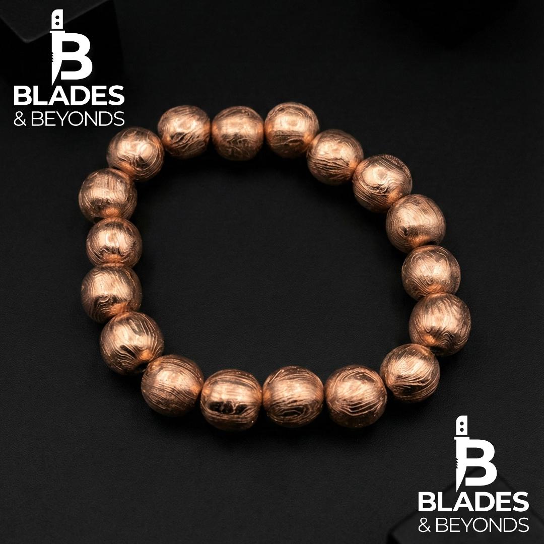 Rose Gold Damascus Steel Bead Bracelet | 12mm Full Metal Beads | Custom Size | Unisex Gothic Jewelry | Handmade Luxury Gift 