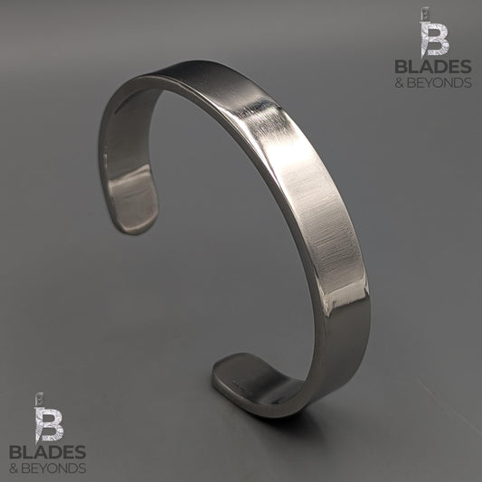 Silver Steel Cuff Bracelet – Solid Mirror Polish Bangle for Men & Women | Engraved Minimalist Gift, Handmade Industrial Jewelry 