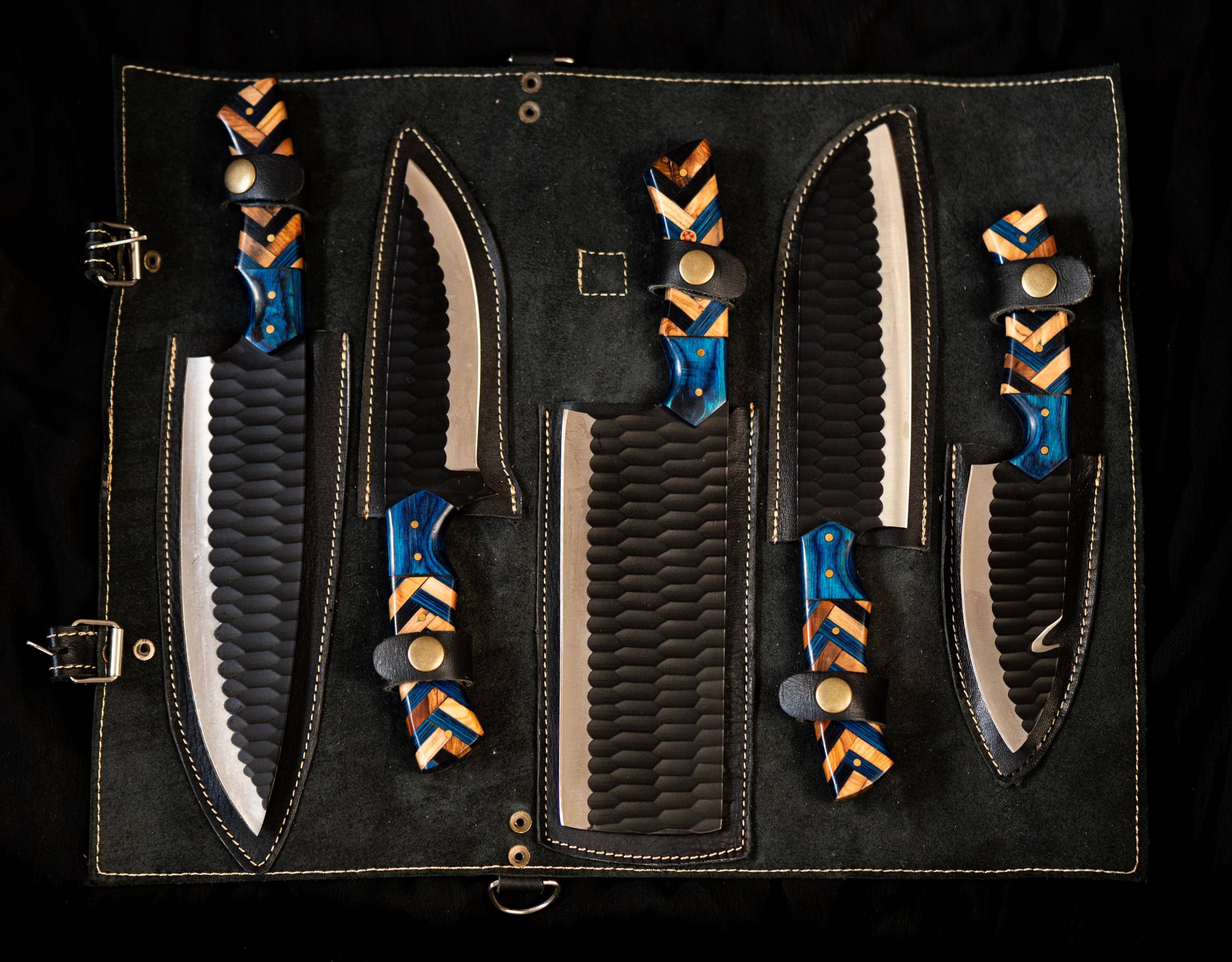 Handmade Hammered Chef Knife Set: J2 Steel, Oak Handle, Leather Roll 