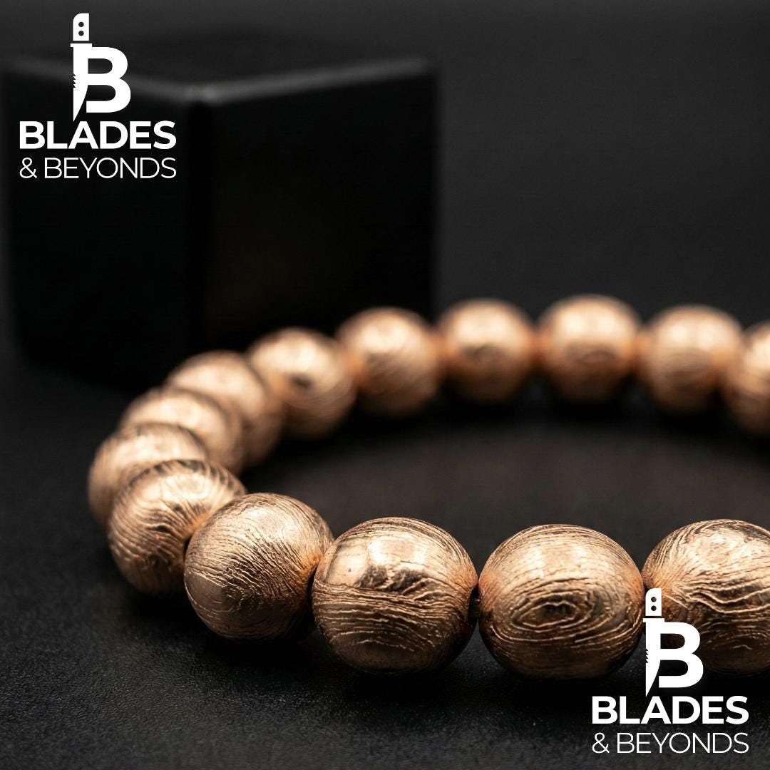 Rose Gold Damascus Steel Bead Bracelet | 12mm Full Metal Beads | Custom Size | Unisex Gothic Jewelry | Handmade Luxury Gift 