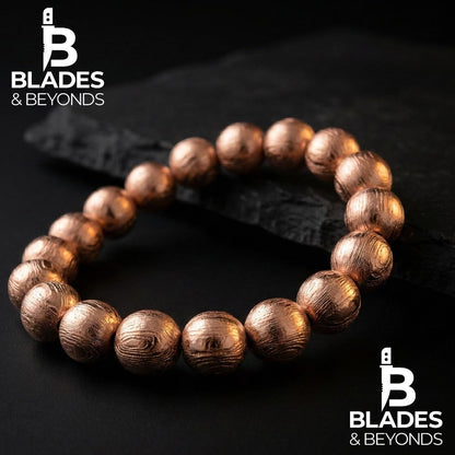 Rose Gold Damascus Steel Bead Bracelet | 12mm Full Metal Beads | Custom Size | Unisex Gothic Jewelry | Handmade Luxury Gift 