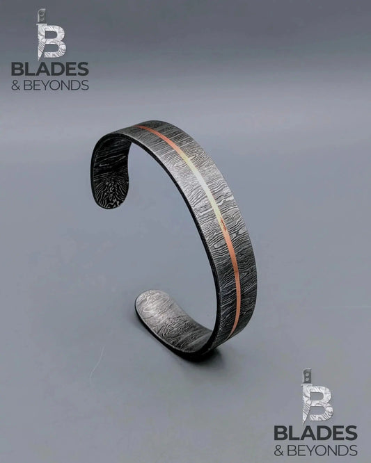 Damascus Steel Bracelet with Copper Inlay | Handmade Adjustable Gothic Cuff Bracelet | Precious Metal Artisan Jewelry 
