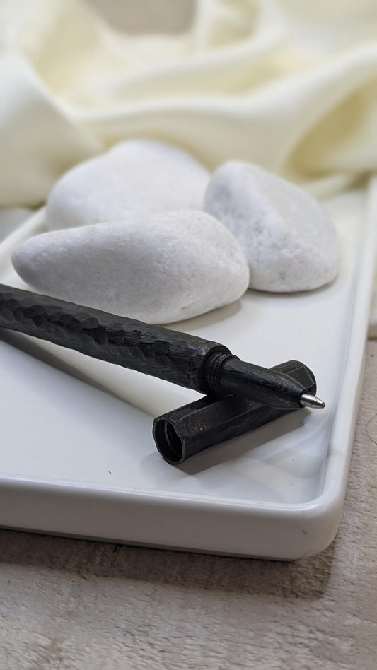 Black Damascus Steel Hammered Finish Ballpoint Pen: Hand-Forged, Plasma Coated, Gift Boxed