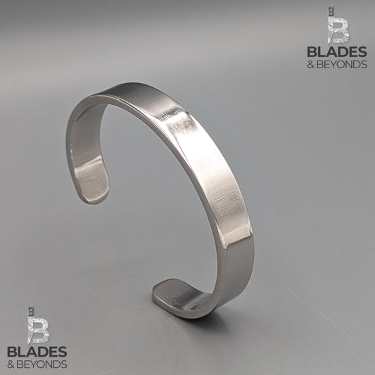 Silver Steel Cuff Bracelet – Solid Mirror Polish Bangle for Men & Women | Engraved Minimalist Gift, Handmade Industrial Jewelry 