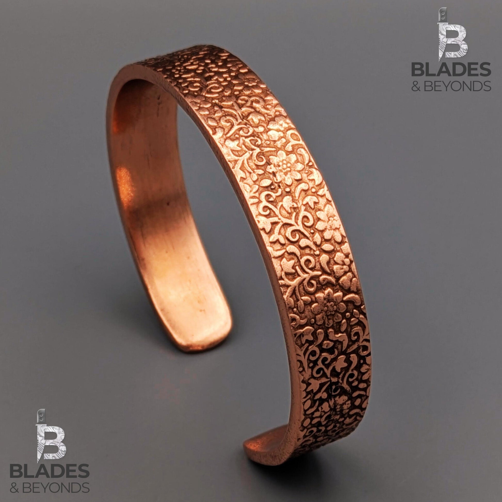 Handmade Floral Embossed Copper Bracelet: Unisex Wellness Cuff 