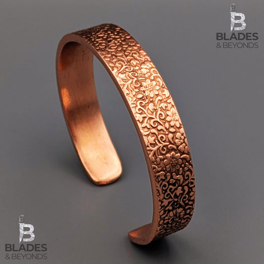 Handmade Floral Embossed Copper Bracelet: Unisex Wellness Cuff 