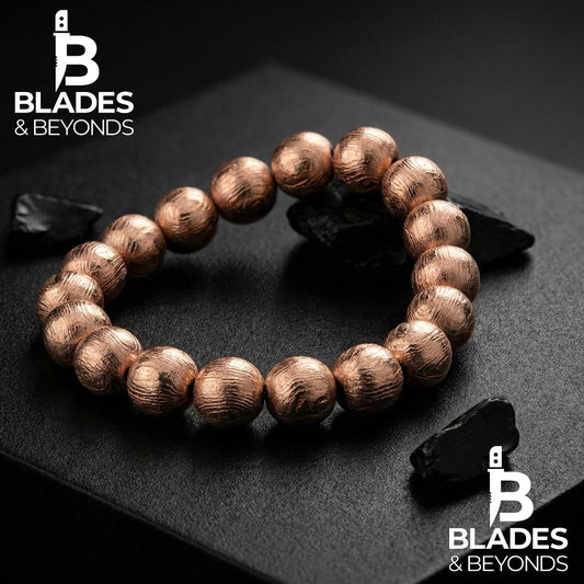 Rose Gold Damascus Steel Bead Bracelet | 12mm Full Metal Beads | Custom Size | Unisex Gothic Jewelry | Handmade Luxury Gift 